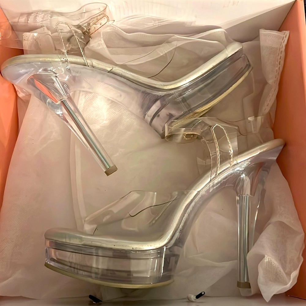 The Shoe Fairy Vixen Olympian Clear Stiletto Heels, Posing, Prom, Pageant Size 9